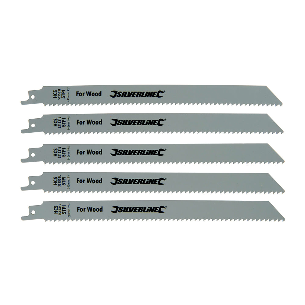 Silverline Recip Saw Blades for Wood 5pk HCS - 5tpi - 240mm