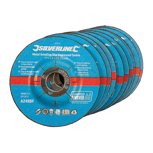 Silverline Metal Grinding Discs Depressed Centre 10pk 115 x 6 x 22.23mm