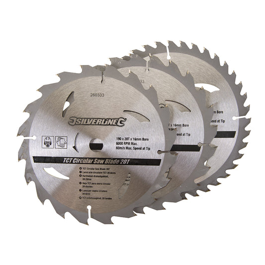 Silverline TCT Circular Saw Blades 20, 24, 40T 3pk 190 x 16 - No Ring