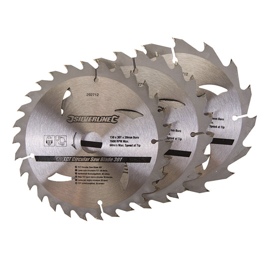 Silverline TCT Circular Saw Blades 16, 24, 30T 3pk 150 x 20 - 16, 12.75mm Rings