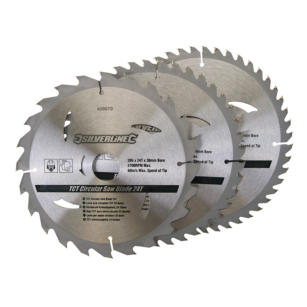 Silverline TCT Circular Saw Blades 24, 40, 48T 3pk 205 x 30 - 25, 18, 16mm Rings