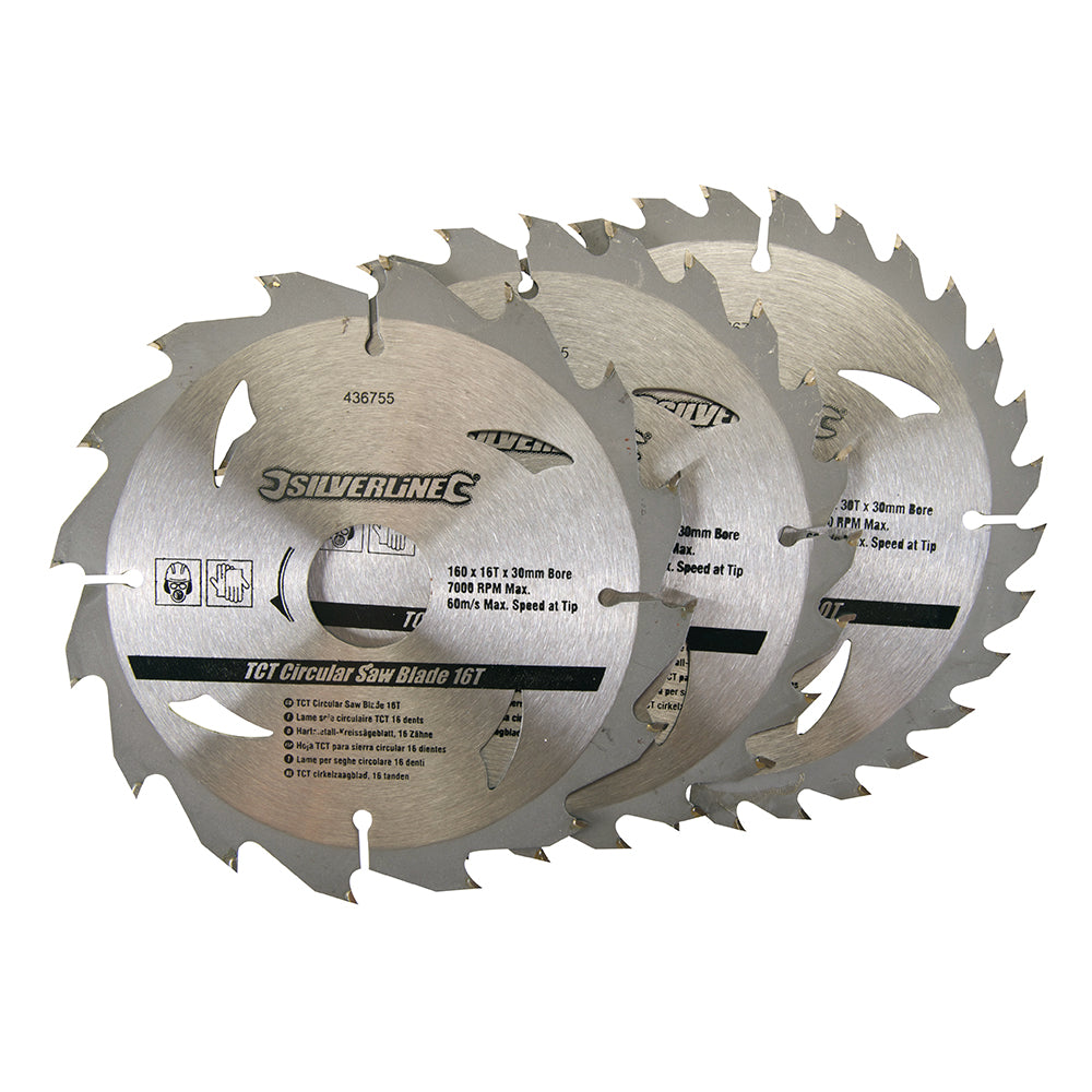 Silverline TCT Circular Saw Blades 16, 24, 30T 3pk 160 x 30 - 20, 16, 10mm Rings