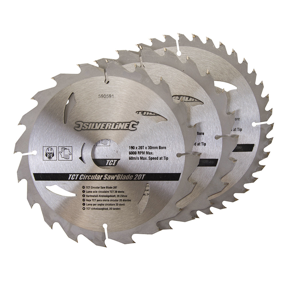 Silverline TCT Circular Saw Blades 20, 24, 40T 3pk 190 x 30 - 25, 20mm Rings