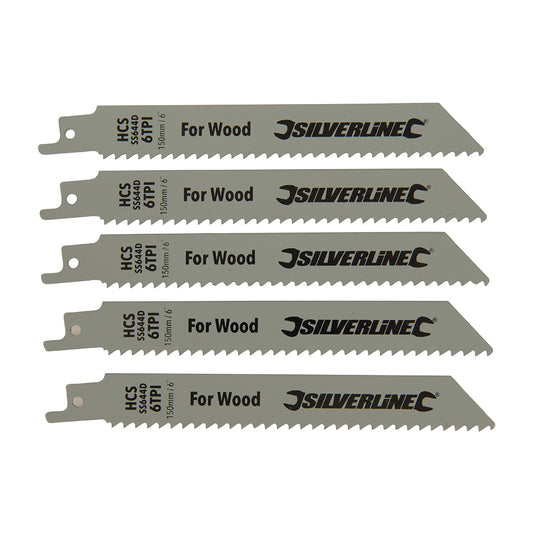 Silverline Recip Saw Blades for Wood 5pk HCS - 6tpi - 150mm