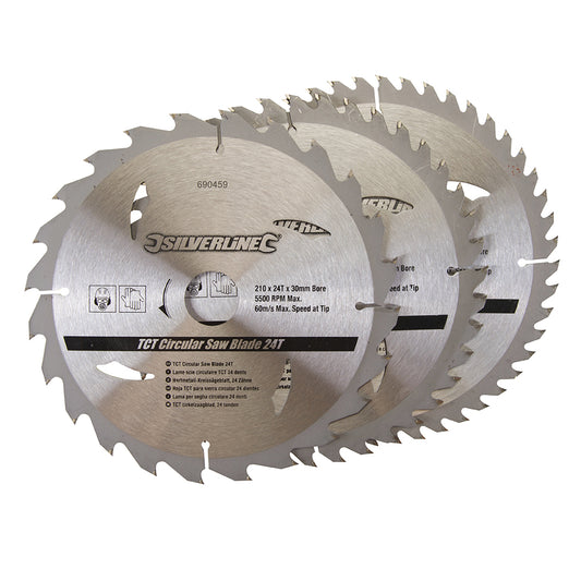 Silverline TCT Circular Saw Blades 24, 40, 48T 3pk 210 x 30 - 25, 16mm Rings