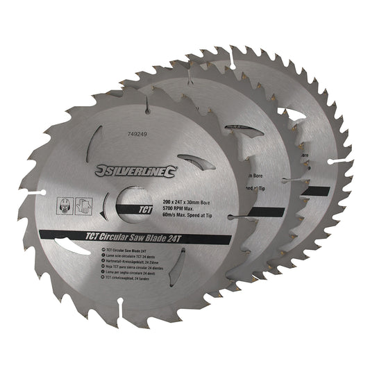 Silverline TCT Circular Saw Blades 24, 40, 48T 3pk 200 x 30 - 25, 18, 16mm Rings