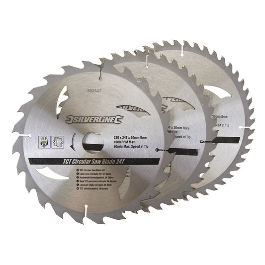 Silverline TCT Circular Saw Blades 24, 40, 48T 3pk 230 x 30 - 25, 20, 16mm Rings