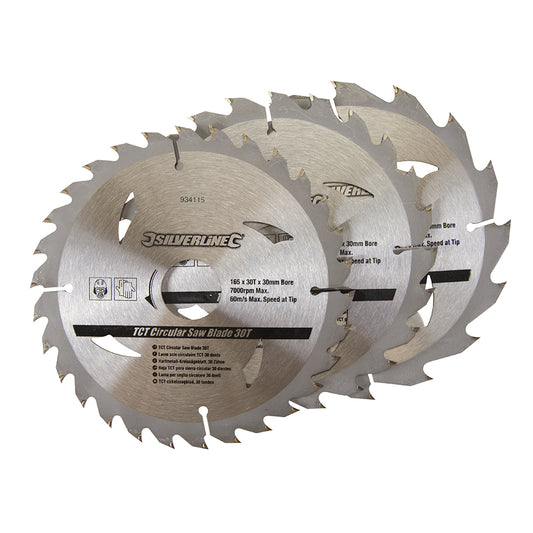 Silverline TCT Circular Saw Blades 16, 24, 30T 3pk 165 x 30 - 20, 16, 10mm Rings