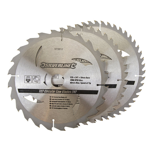 Silverline TCT Circular Saw Blades 24, 40, 48T 3pk 235 x 30 - 25, 16mm Rings