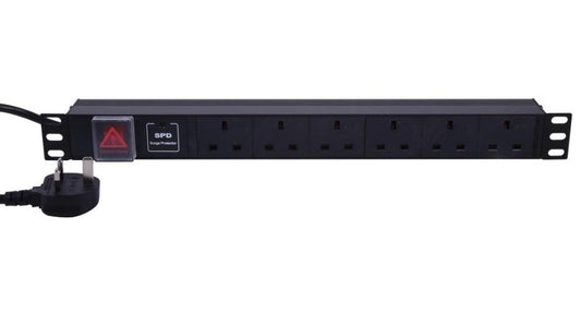 Rack Mount Power Distribution Unit with Surge Protection, 6 Gang, UK Mains, 1U, Horizontal - PDU6WAYSURGE1LED