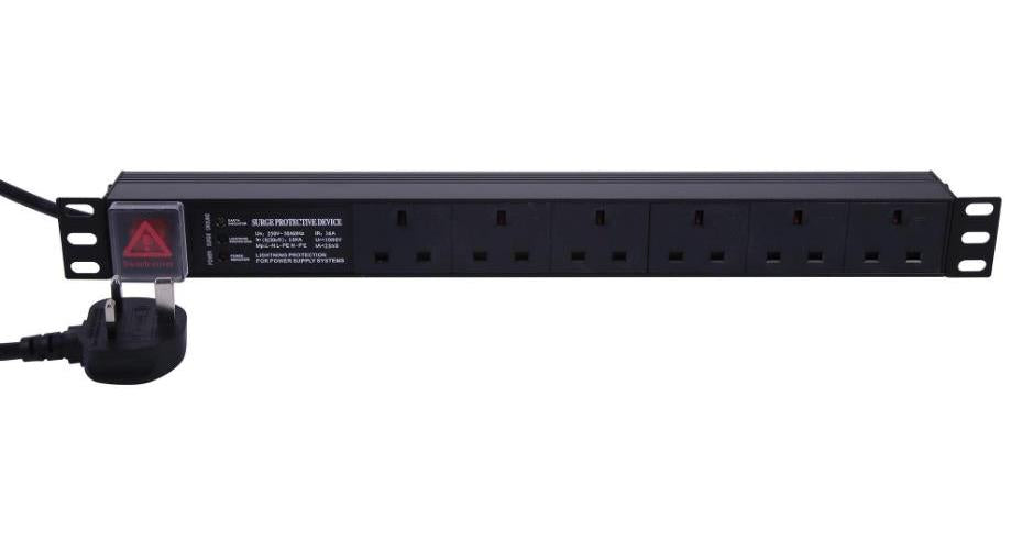 Rack Mount Power Distribution Unit with Surge Protection, 6 Gang, UK Mains, 1U, Horizontal - PDU6WAYSURGE3LED