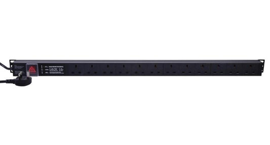 Rack Mount Power Distribution Unit with Surge Protection, 12 Gang, UK Mains, 1U, Vertical - PDU12WAYSURGE3LED