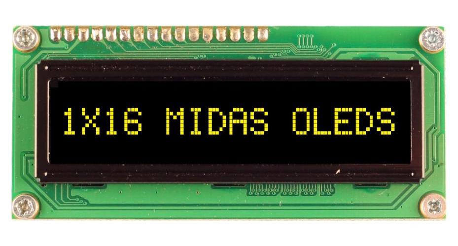 OLED Display Module, 16 x 1, Yellow on Black, 5V, Parallel - MCOB11605BV-EYP