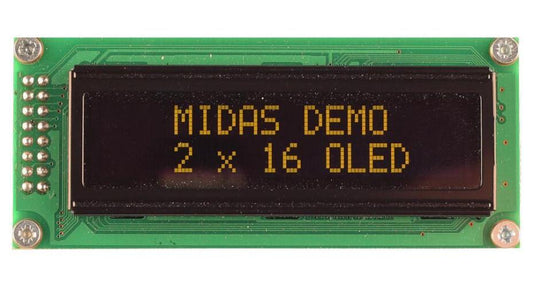 OLED Display Module, 16x2, Yellow on Black, 3V to 5V, Parallel - MCOB21605B1V-EYP