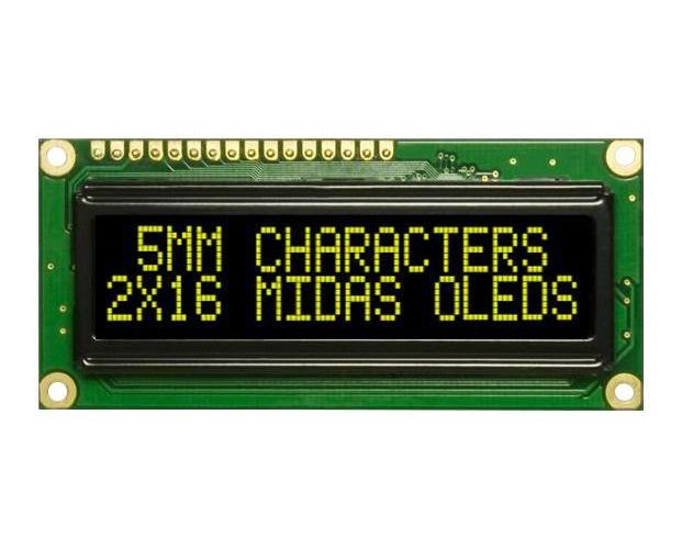 OLED Display Module, 16x2, Yellow on Black, 3.3V to 5V, Parallel - MCOB21605G1V-EYP