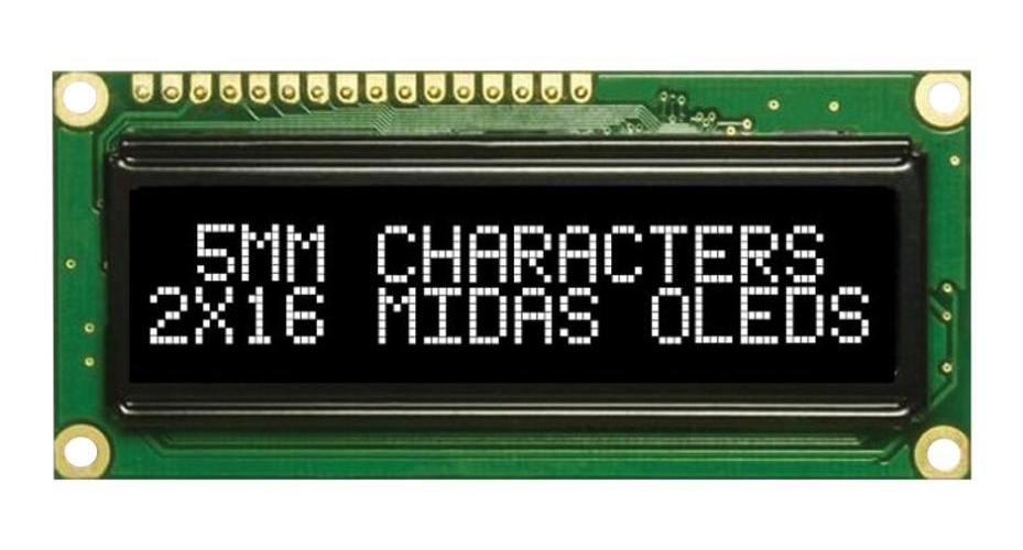 OLED Display Module, 16x2, White on Black, 3V to 5V, Parallel - MCOB21605GX-EWP