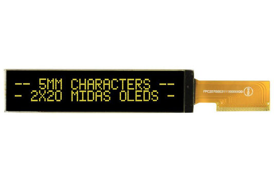 OLED Display Module, 20x2, Yellow on Black, 5V, I2C, Parallel, SPI - MCOT22005A1V-EYM