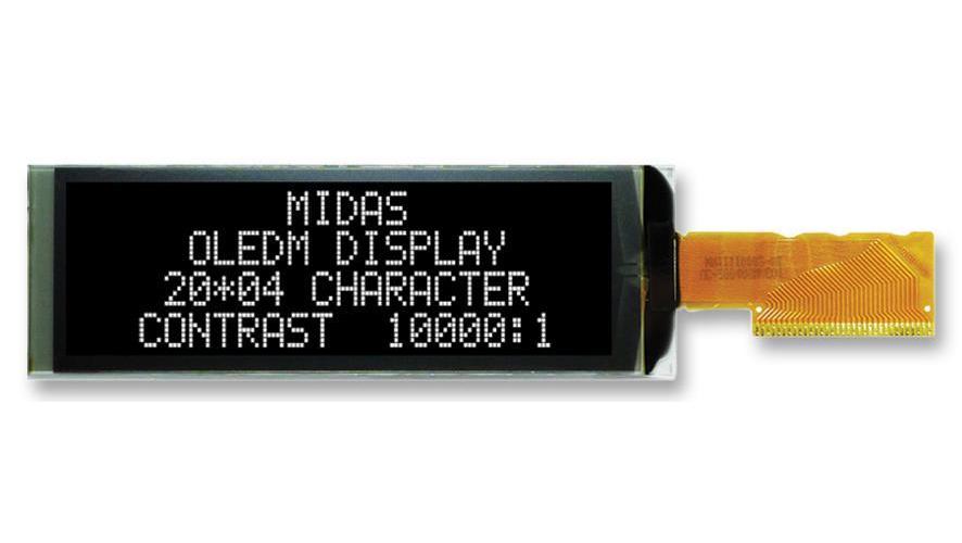 OLED Display Module, 20x4, White on Black, 2.8 / 5V, I2C, Parallel, SPI - MCOT42005AX-EWM