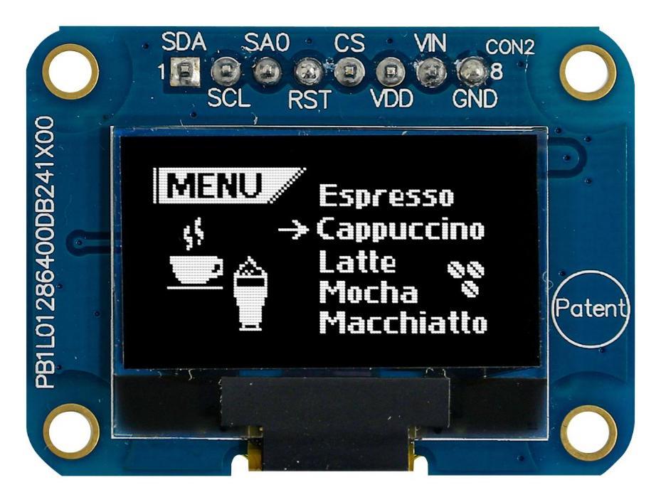 OLED Graphic Display Module, 128 x 64, White on Black, I2C, Passive Matrix - MDOB128064V2V-WI