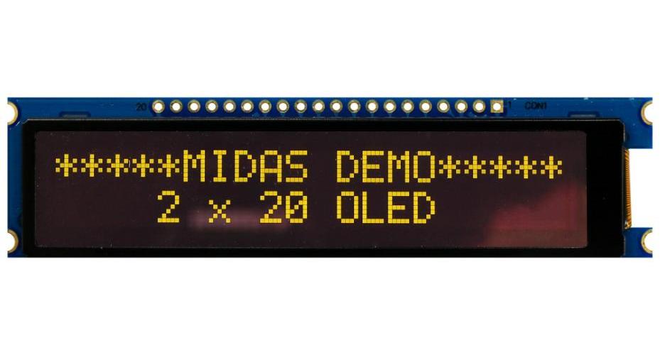 OLED Display Module, 20x2, Yellow on Black, Passive Matrix, SPI, I2C, - MDOB22005B1V-EYM