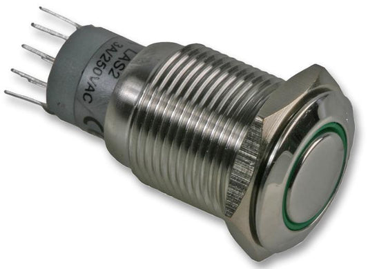 Flush Vandal Resistant Switch, Green Illuminated LED Dot, DPDT, Momentary, 12V DC, 16.2mm - MP0045/1E2GN012