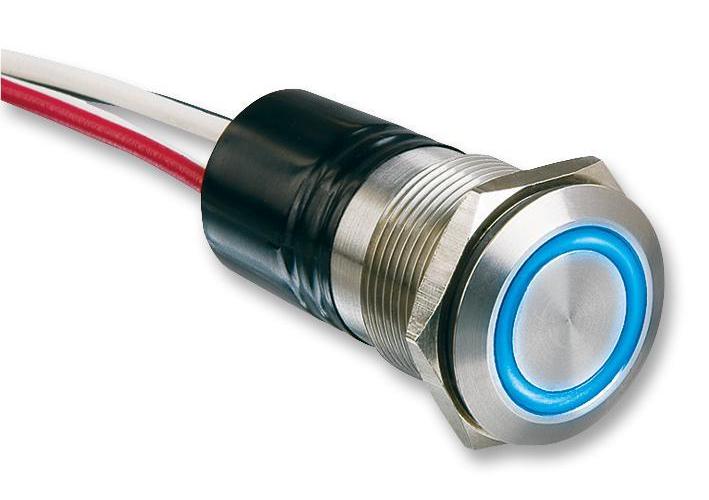 Flush Vandal Resistant Switch, Blue LED Illuminated, SPST-NO, Momentary, 24V DC, 50mA, 19.2mm - MPI002/FL/BL/24