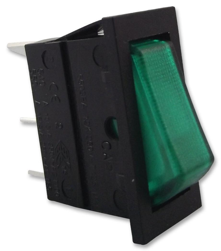 Rocker Switch, On Off, SPST, Green Illuminated, 250V AC, 16A - C5503ALNAK