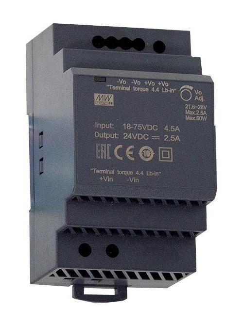 Isolated DIN Rail Mount DC/DC Converter, 12V, 5A, 60W - DDR-60G-12