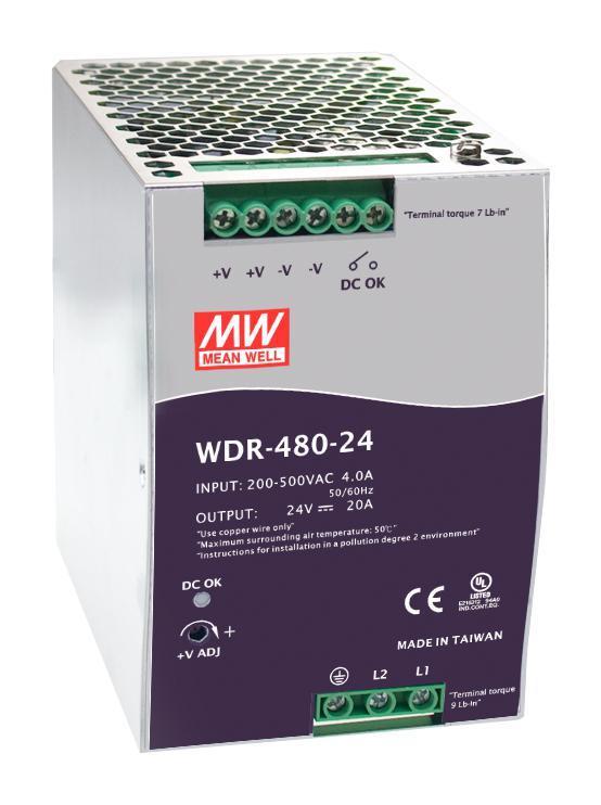 AC/DC DIN Rail Power Supply, 24V, 20A, 480W - WDR-480-24