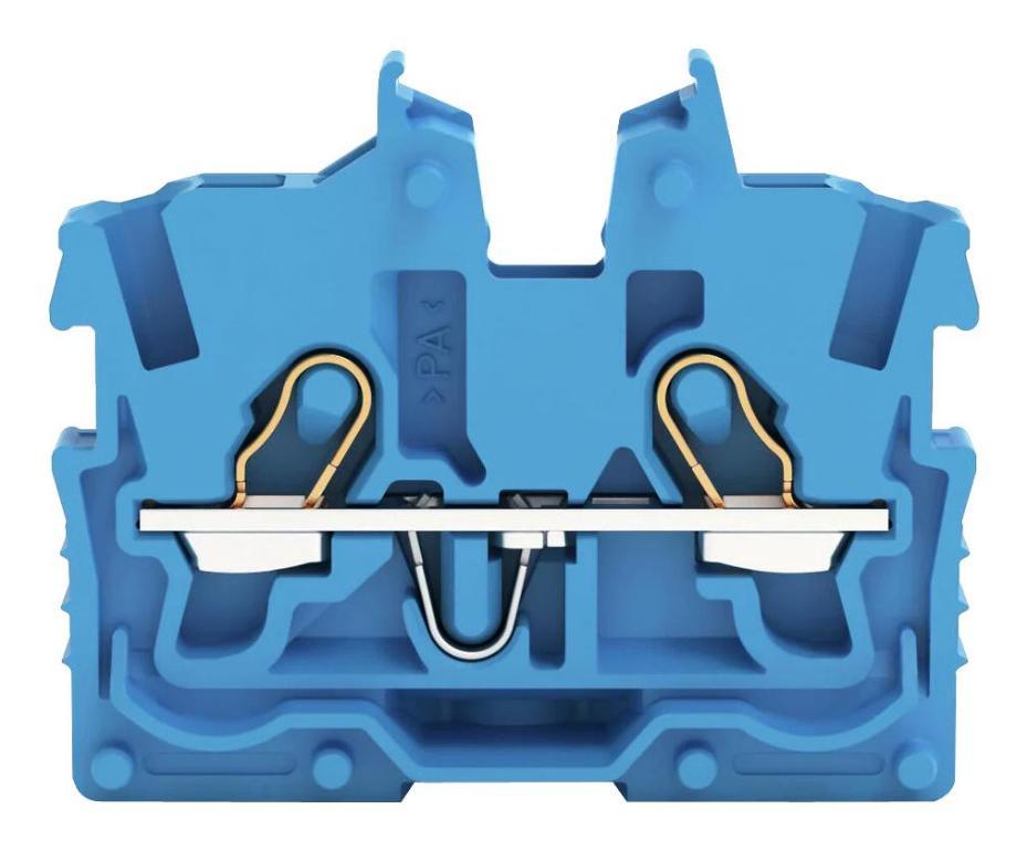 2 Conductor Miniature Through Terminal Block with Operating Slots, Push In Cage Clamp, 24AWG to 16AWG, 500V, 13.5A, Blue - 2050-304