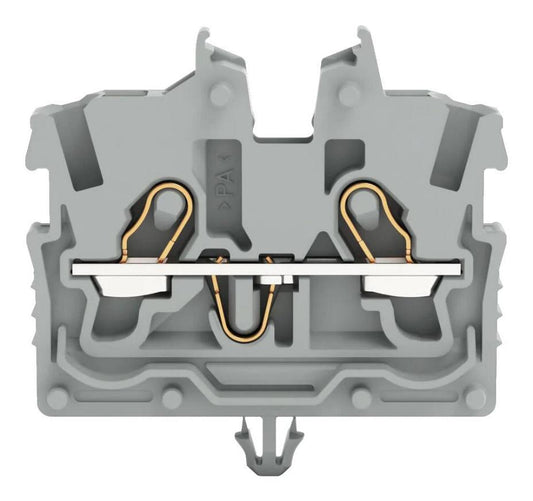 2 Conductor Miniature Through Terminal Block with Operating Slots and Snap-in Mounting foot, Push In Cage Clamp, 24AWG to 16AWG, - 2050-311