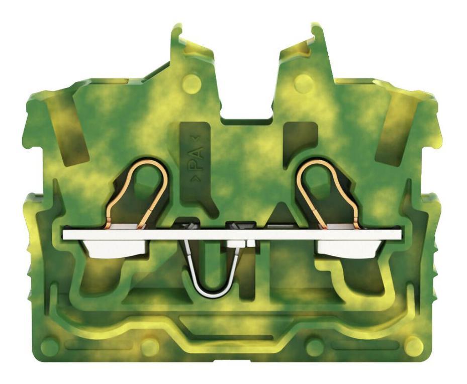 2 Conductor Miniature Ground Through Terminal Block with Centre Marking, Push In Cage Clamp, 24AWG to 16AWG, 500V, 13.5A, Green - 2050-327