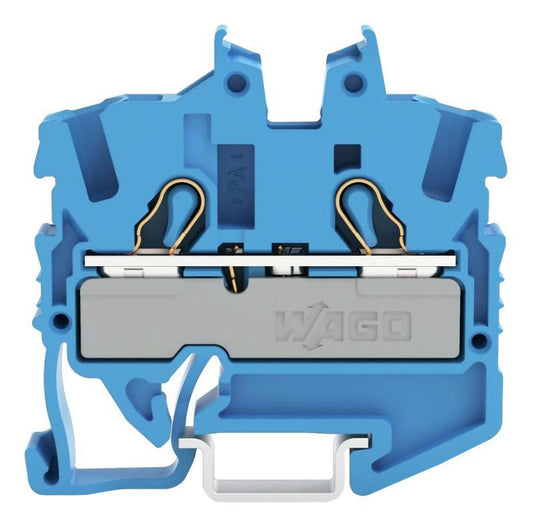 2 Conductor Miniature Through Terminal Block with Operating Slots and Centre Markings, Push In Cage Clamp, 15mm DIN Rail, 24AWG - 2052-1204