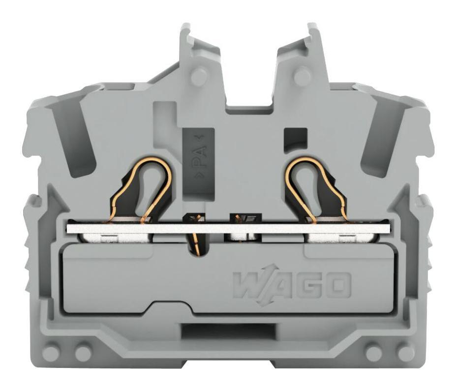 2 Conductor Miniature Through Terminal Block with Operating Slots, Flange Mount, Push In Cage Clamp, 22 AWG to 12AWG, 800V, 24A, - 2052-301