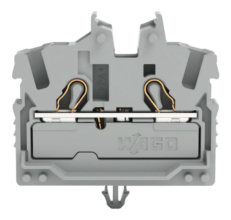 2 Conductor Miniature Through Terminal Block with Operating Slots and Snap-in Mounting foot, Push In Cage Clamp, 24AWG to 16AWG, - 2052-311