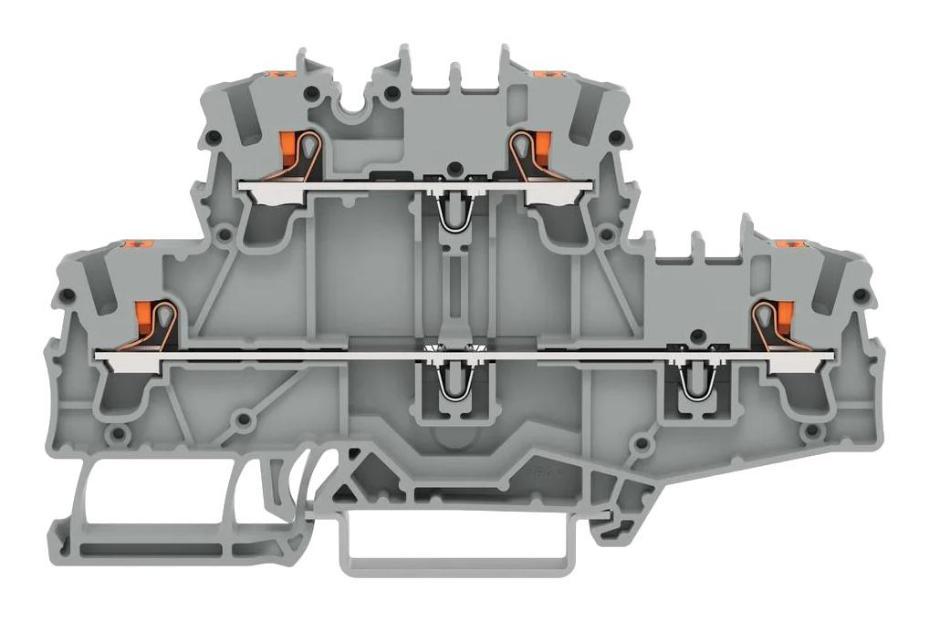 4 Conductor Double Decker Through Terminal Block with Push Button, Push In Cage Clamp, 35mm DIN Rail, 22AWG to 12AWG, 24A - 2202-2701