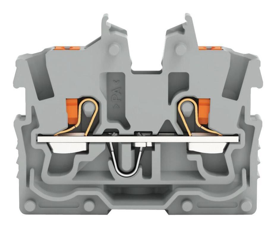 2 Miniature Through Terminal Block with Push Button, Push In Cage Clamp, Flange Mount, 24AWG to 16AWG, 500V, 13.5A, Grey - 2250-301