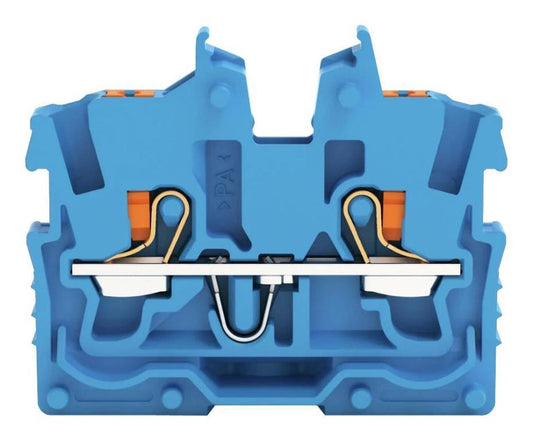 2 Miniature Through Terminal Block with Push Button, Push In Cage Clamp, Flange Mount, 24AWG to 16AWG, 500V, 13.5A, Blue - 2250-304