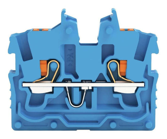 2 Conductor Miniature Through Terminal Block, Push Button, Push In Cage Clamp, 24AWG to 16AWG, 500V, 13.5A, Blue - 2250-324