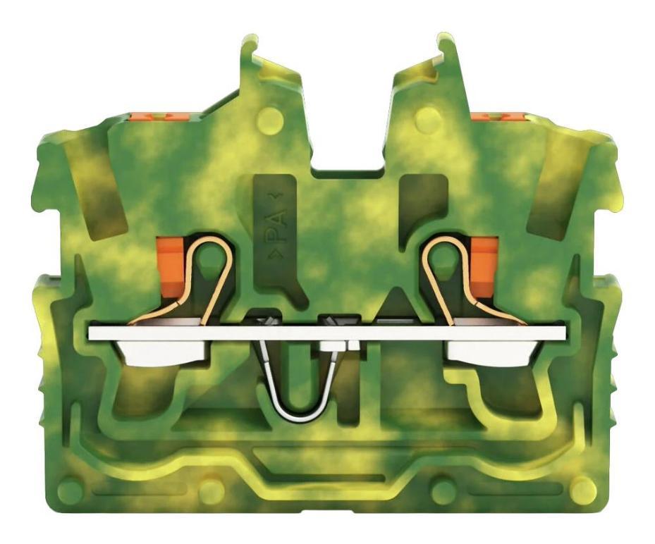 2 Conductor Miniature Through Terminal Block, Push Button, Push In Cage Clamp, 24AWG to 16AWG, 500V, 13.5A, Green - 2250-327