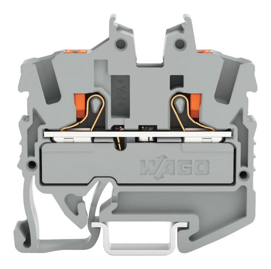 2 Conductor Miniature Through 15mm DIN Rail Terminal Block, Push Button, Push In Cage Clamp, 800V, 24A, 22 AWG to 12 AWG, Grey - 2252-1201