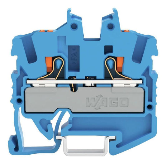 2 Conductor Miniature Through 15mm DIN Rail Terminal Block, Push Button, Push In Cage Clamp, 800V, 24A, 22 AWG to 12 AWG, Blue - 2252-1204