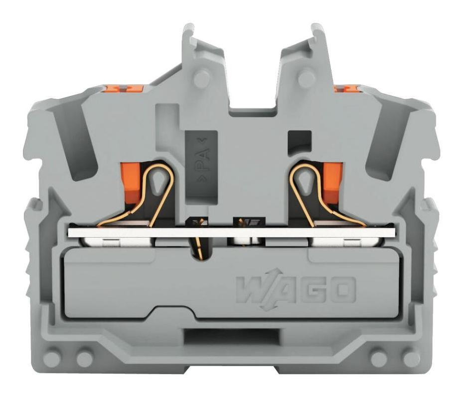 2 Conductor Miniature Through DIN Rail Terminal Block, Push Button, Push In Cage Clamp, Mounting Flange Side 800V, 24A, 22 AWG t - 2252-301