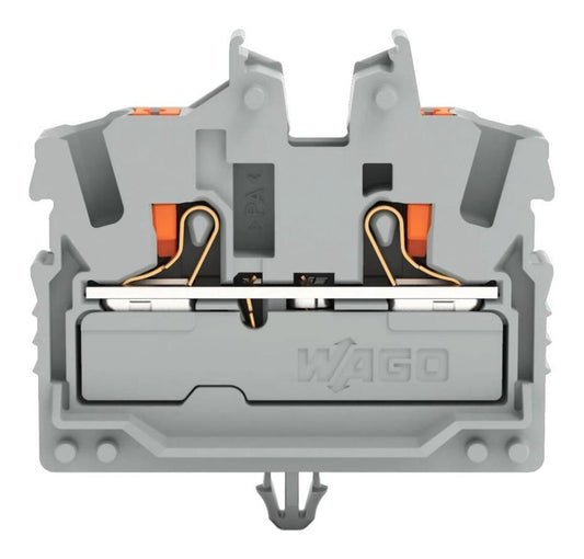 2 Conductor Miniature Through DIN Rail Terminal Block, Snap In Mounting Foot, Push In Cage Clamp, 800V, 24A, 22 AWG to 12 AWG, G - 2252-311