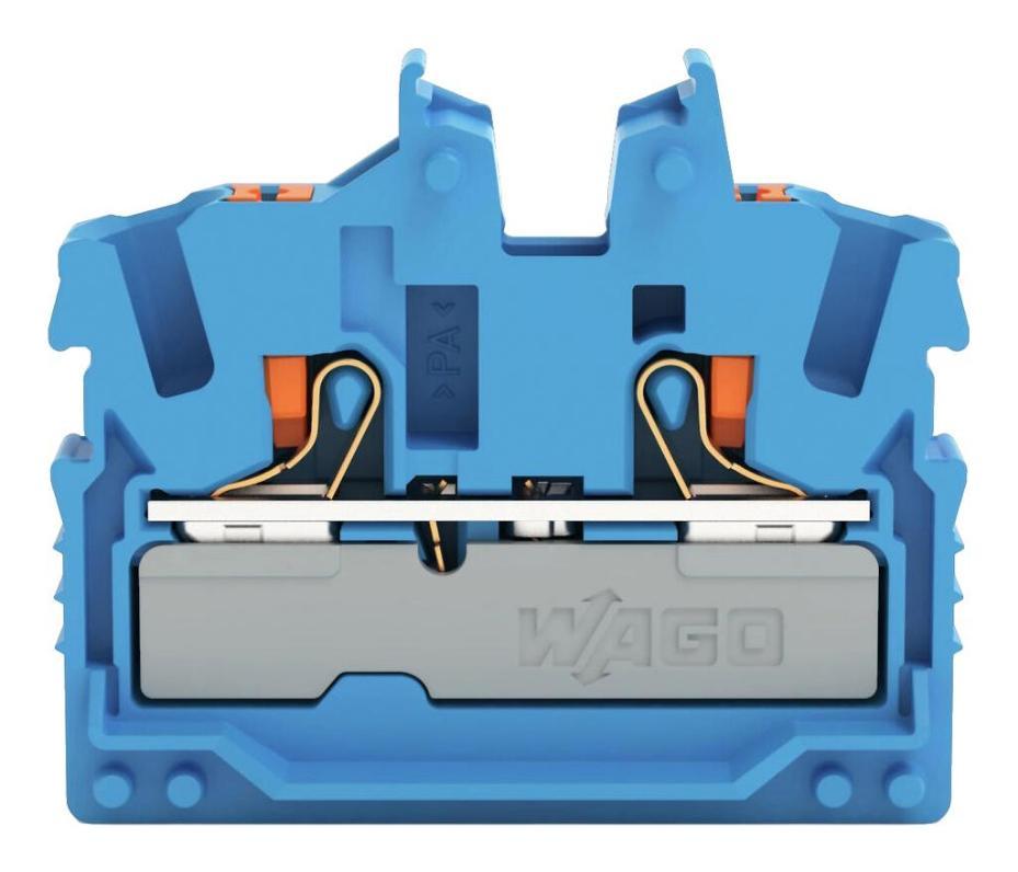 2 Conductor Miniature Through DIN Rail Terminal Block, Push In Cage Clamp, 800V, 24A, 22 AWG to 12 AWG, Blue - 2252-324