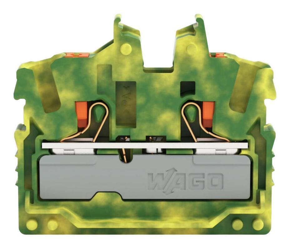 2 Conductor Ground Miniature Through DIN Rail Terminal Block, Push In Cage Clamp, 800V, 24A, 22 AWG to 12 AWG, Green - 2252-327