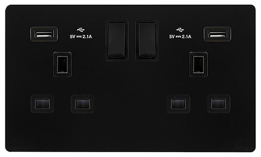 Switched Sockets with 2x USB A Sockets, 2 Gang, Double Pole, 13A, Black - SFBK780BK