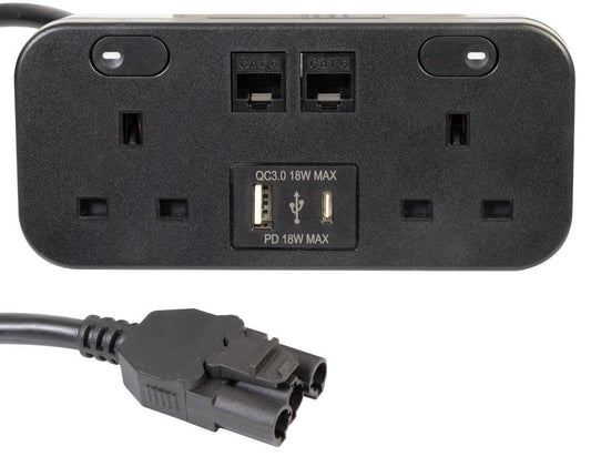 ICON Desktop Unit, 2 Gang, 2x Cat6, 1x USB A, 1x USB C, Black - ICON.B/DD