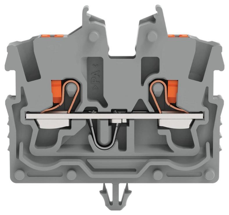 2 Conductor Miniature Through Terminal Block, Snap-In Mounting Foot, Push In Cage Clamp, 500V, 13.5A, 24AWG to 16AWG, Grey - 2250-311