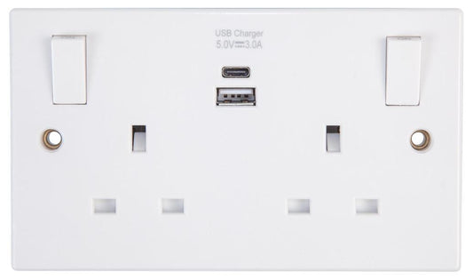 Switched Mains Socket with USB Charging, 2 Gang, 1x USB A, 1x USB C, 13A - PELB2209